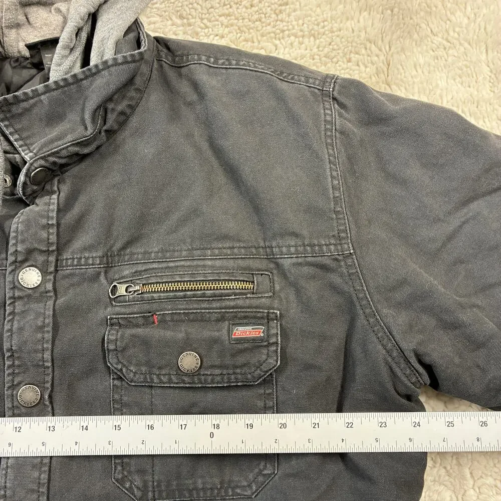 Dickies Work Jacket Mens 2XL XXL Black Canvas Hooded Quilted Lined Snap Button